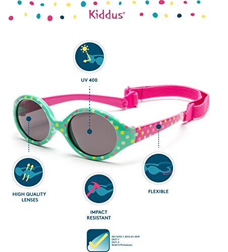 Kiddus Gafas de sol para bebe, niños y niñas. SUPER FLEXIBLES. A partir de 6 meses. UV400 100% protección rayos UVA y UVB. Seguras, confortables, muy resistentes. Topos multicolor