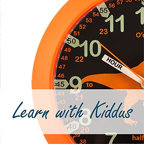 Kiddus Reloj Pedagógico para Niñas y Niños. De Pared, Analógico. Aprende la Hora con Nuestro Fácil Sistema Time Teacher. Ejercicios Incluídos. Mecanismo Silencioso. Manillas en Inglés. Dino