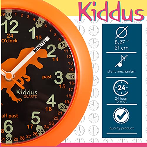 Kiddus Reloj Pedagógico para Niñas y Niños. De Pared, Analógico. Aprende la Hora con Nuestro Fácil Sistema Time Teacher. Ejercicios Incluídos. Mecanismo Silencioso. Manillas en Inglés. Dino