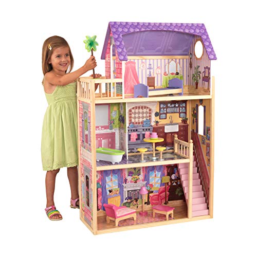 KidKraft 65092 Casa de muñecas de madera Kayla para muñecas de 30 cm con 10 accesorios incluidos y 3 niveles de juego