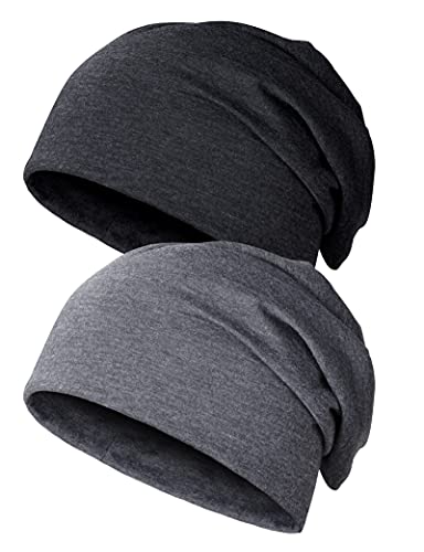 Kiiwah 2pcs Gorro Slouch Beanie para Hombres y Mujer, Gorros de Punto Unisex Transpirable y Ligero para Deporte Corriendo de Invierno (Negro y Gris)