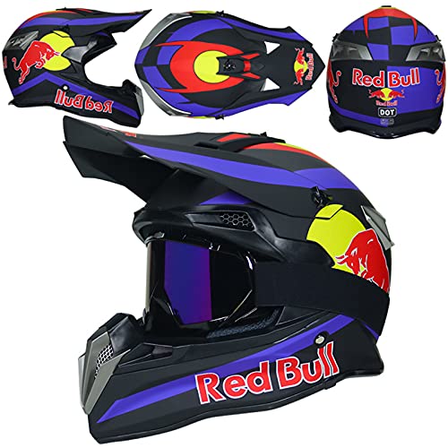 KILCVEM Casco Moto, Casco de Motocross para Niños y Adultos Casco Integral Red Bull para BMX MTB Quad Enduro ATV Scooter con Gafas Guantes Máscaras,Black- L: 59~60cm