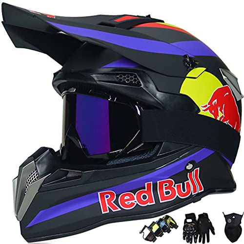 KILCVEM Casco Moto, Casco de Motocross para Niños y Adultos Casco Integral Red Bull para BMX MTB Quad Enduro ATV Scooter con Gafas Guantes Máscaras,Black- L: 59~60cm