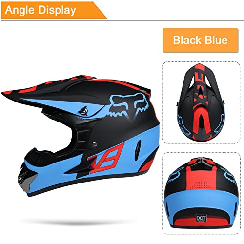 KILCVEM Casco Motocross Niños de 5 a 14 Años,Casco Moto Infantil con Gafas Guantes Máscara Red elástica,Casco Cross Integral Chico y Chica para Bici MTB Downhill Enduro, con Diseño Fox, Negro Azul,L