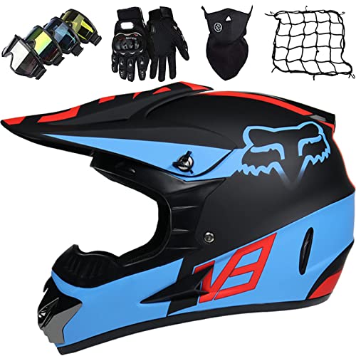 KILCVEM Casco Motocross Niños de 5 a 14 Años,Casco Moto Infantil con Gafas Guantes Máscara Red elástica,Casco Cross Integral Chico y Chica para Bici MTB Downhill Enduro, con Diseño Fox, Negro Azul,L