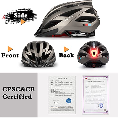 KINGLEAD Casco Bicicleta Adulto,Casco de Bicicleta Hombre Mujer Casco Bici Montaña con Luz LED de Recarga USB Certificación CE Casco Ciclismo Carretera con Visera Casco MTB con Correa Reflectante