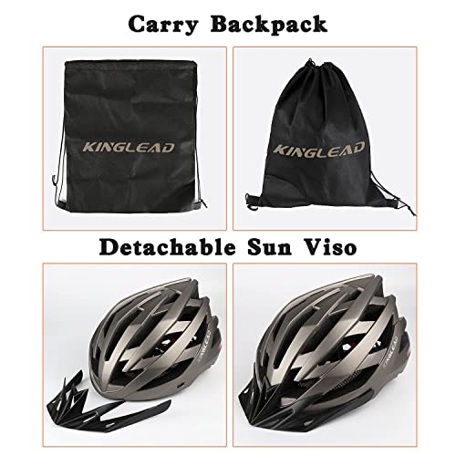 KINGLEAD Casco Bicicleta Adulto,Casco de Bicicleta Hombre Mujer Casco Bici Montaña con Luz LED de Recarga USB Certificación CE Casco Ciclismo Carretera con Visera Casco MTB con Correa Reflectante