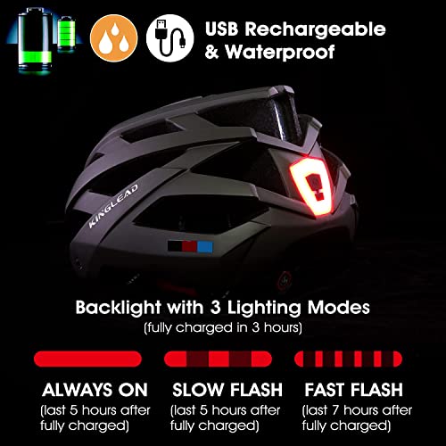 KINGLEAD Casco Bicicleta Adulto,Casco de Bicicleta Hombre Mujer Casco Bici Montaña con Luz LED de Recarga USB Certificación CE Casco Ciclismo Carretera con Visera Casco MTB con Correa Reflectante