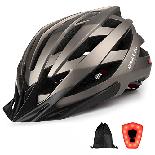 KINGLEAD Casco Bicicleta Adulto,Casco de Bicicleta Hombre Mujer Casco Bici Montaña con Luz LED de Recarga USB Certificación CE Casco Ciclismo Carretera con Visera Casco MTB con Correa Reflectante