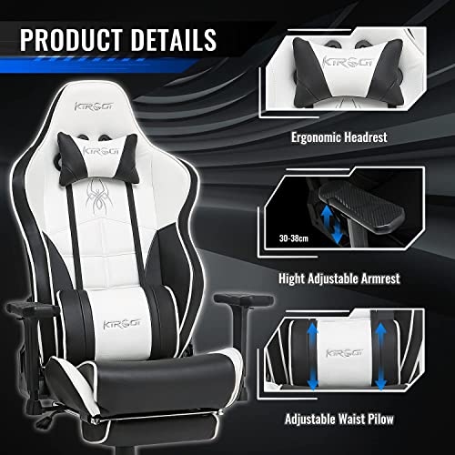 Kirogi Silla Gaming, Silla Gamers con reposapiés, Silla ergonómica de Ordenador, Silla reclinable de Adultos para Juegos de PC, Silla de Oficina Grande con Cuero de Fibra de Carbono.Blanco