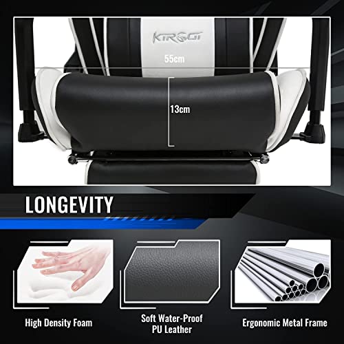 Kirogi Silla Gaming, Silla Gamers con reposapiés, Silla ergonómica de Ordenador, Silla reclinable de Adultos para Juegos de PC, Silla de Oficina Grande con Cuero de Fibra de Carbono.Blanco