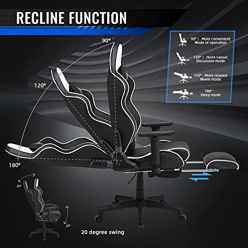 Kirogi Silla Gaming, Silla Gamers con reposapiés, Silla ergonómica de Ordenador, Silla reclinable de Adultos para Juegos de PC, Silla de Oficina Grande con Cuero de Fibra de Carbono.Blanco