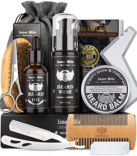 Kit Barba Cuidado Para Hombres, Set Herramientas de Aseo y Recorte Con Champú Barba, Aceite Crecimiento Barba, Bálsamo, Cepillo, Peine, Tijeras, Mejores Regalos para Lui e PaPa