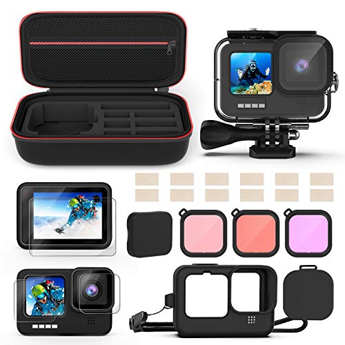 Kit de Accesorios para GoPro Hero 10/9, Incluye Carcasa Impermeable + Protector de Pantalla de Vidrio Templado + Funda para Transportar + Inserciones Anti-Neblina + Filtros Snorkel para GoPro 10/9