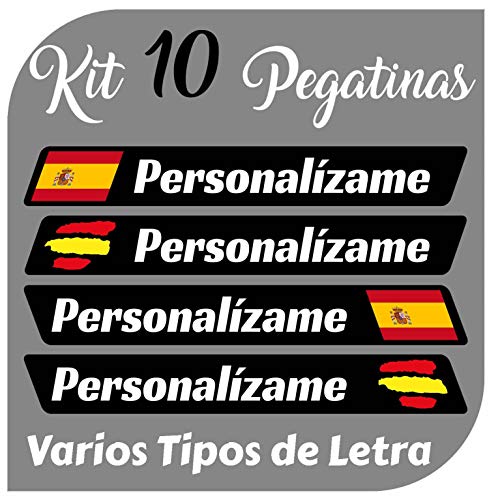 Kit x10 Pegatinas Vinilo Bandera España + tu Nombre - Bici, Casco, Pala De Padel, Monopatin, Coche, Moto, etc. Kit de 10 Vinilos (Font Pack 1)