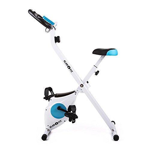 Klarfit Azura Bicicleta Fija Bicicleta Estática Computadora de Entrenamiento Medidor de Pulso 8 Niveles de Resistencia Peso a Rotar de 3Kg Asiento Ergonómico Max. 100Kg Blanco-Azul