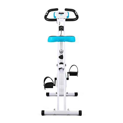 Klarfit Azura Bicicleta Fija Bicicleta Estática Computadora de Entrenamiento Medidor de Pulso 8 Niveles de Resistencia Peso a Rotar de 3Kg Asiento Ergonómico Max. 100Kg Blanco-Azul