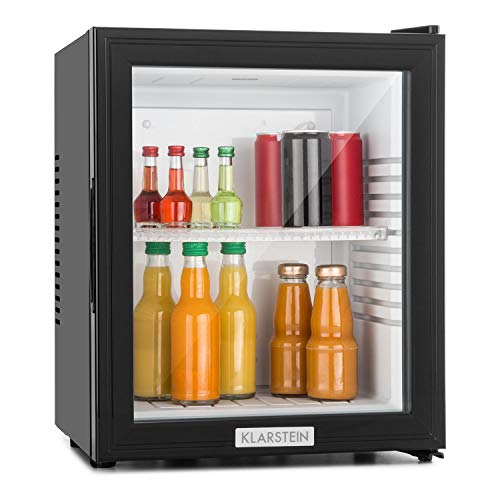 Klarstein MKS-12 - Nevera pequeña, Minibar, Mini nevera, Mini frigorífico, Volumen 24 litros, clase de eficiencia energética E, Silencioso 0 dB, Bajo Consumo, Puerta Cristal, Negro