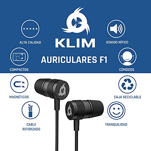 KLIM F1 - Auriculares con Cable y micrófono + Calidad de Audio excelente + Diseño Duradero con 5 años de garantía + Cómodas Almohadillas de Espuma + Cascos con Clavija de 3,5 mm + Novedad 2022