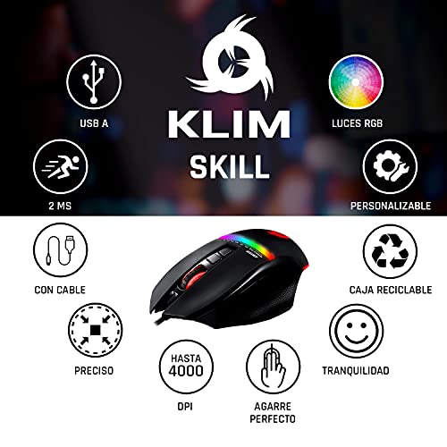 KLIM Skill Ratón Gaming de Alta Precisión USB - Nueva 2021 Versión – dpi Ajustable – Botones Programables – Cómoda Postura para Todos los Tamaños de Manos – Excelente Agarre Negro