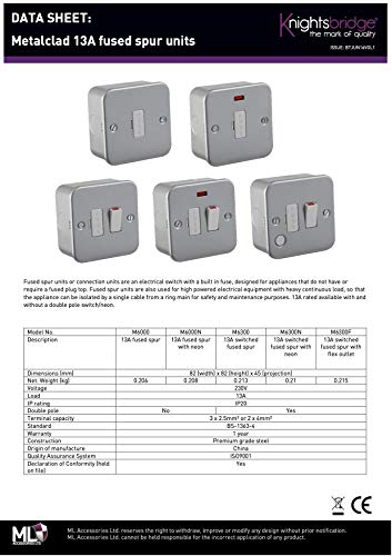 Knightsbridge m6av300 N 13 A con Revestimiento de Metal Interruptor fusionado Unidad Spur con Neon Indicador (, 10 Unidades), Color Plateado