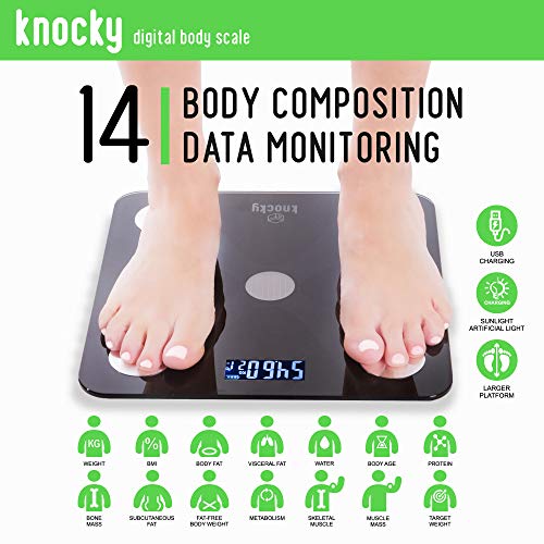 KNOCKY Bascula de Baño Digital Inteligente Bluetooth, Sin Pilas, Carga USB, Luz Artificial y Solar - Medición Alta Precisión Peso Corporal - Proteina -Grasa Corporal, Masa Muscular, IMC