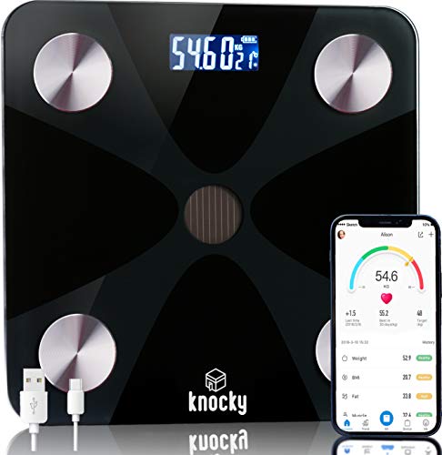 KNOCKY Bascula de Baño Digital Inteligente Bluetooth, Sin Pilas, Carga USB, Luz Artificial y Solar - Medición Alta Precisión Peso Corporal - Proteina -Grasa Corporal, Masa Muscular, IMC