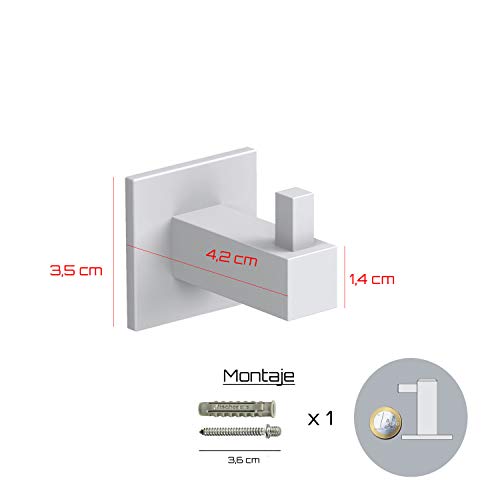 Kon-fort Home Colgador toalla baño cuadrado blanco, con tornillos. Juego 2 ganchos baño diseño, acero inoxidable, para colgar toallas albornoces sombreros. Perchas pared resistentes color blanco mate.