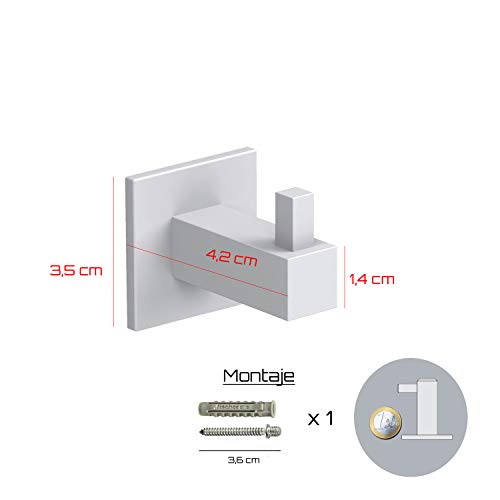 Kon-fort Home Colgador toalla baño cuadrado blanco, con tornillos. Juego 2 ganchos baño diseño, acero inoxidable, para colgar toallas albornoces sombreros. Perchas pared resistentes color blanco mate.