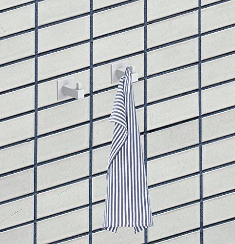 Kon-fort Home Colgador toalla baño cuadrado blanco, con tornillos. Juego 2 ganchos baño diseño, acero inoxidable, para colgar toallas albornoces sombreros. Perchas pared resistentes color blanco mate.