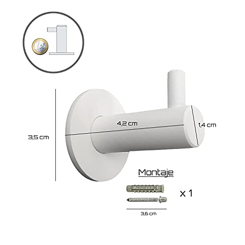 Kon-fort Home Colgador toalla blanco, con tornillo. Juego 2 accesorios baño de diseño, acero inoxidable blanco, para colgar toallas, albornoces, sombreros. Perchas de pared resistentes, blanco mate.