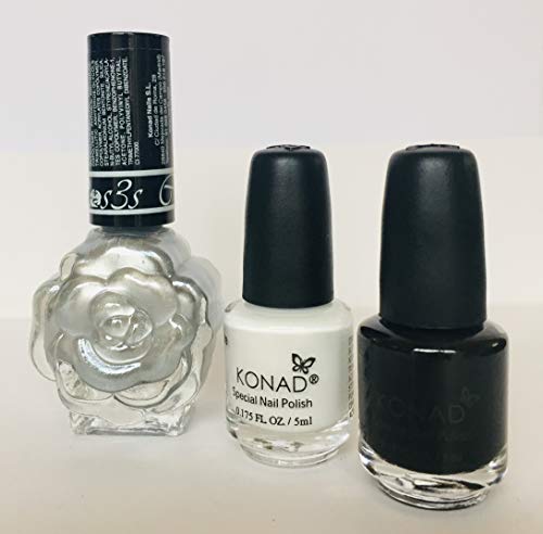 KONAD- Kit 3 esmaltes para estampar: Plata, Negro y Blanco