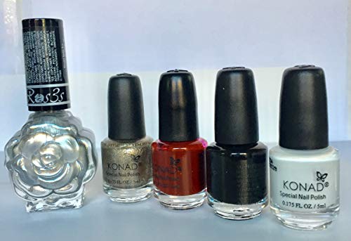 KONAD-Kit de 5 esmaltes para estampar: Blanco, Negro, Rojo Oscuro, Light Bronze, Plata