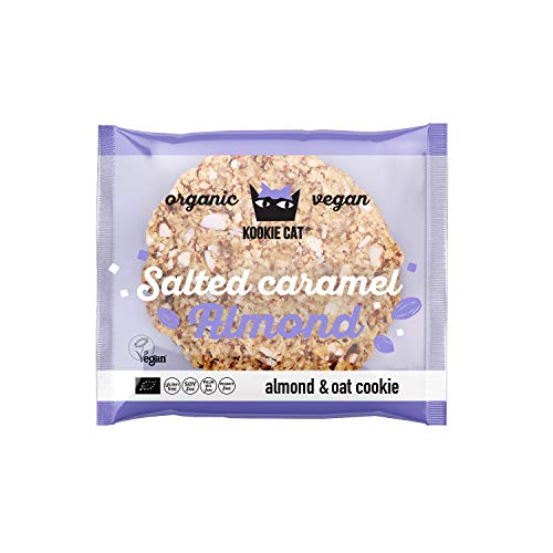 KOOKIE CAT Galletas Ecologicas y Veganas De Avena Con Caramelo Salado y Almendras | 50 gr | Caja de 12 unidades
