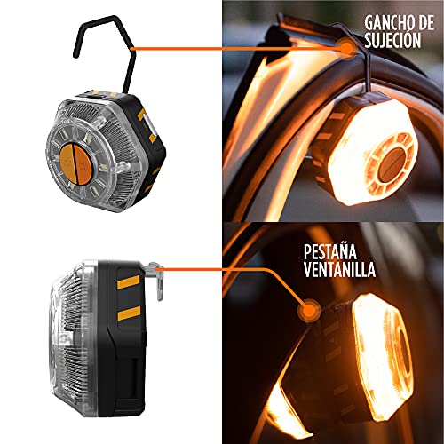 KSIX Luz de Emergencia V16 para Coche y Moto Homologada por DGT con Linterna Led. Baliza de Señalización Luminosa Autónoma en Carretera con Base Magnética y Gancho Multiusos.