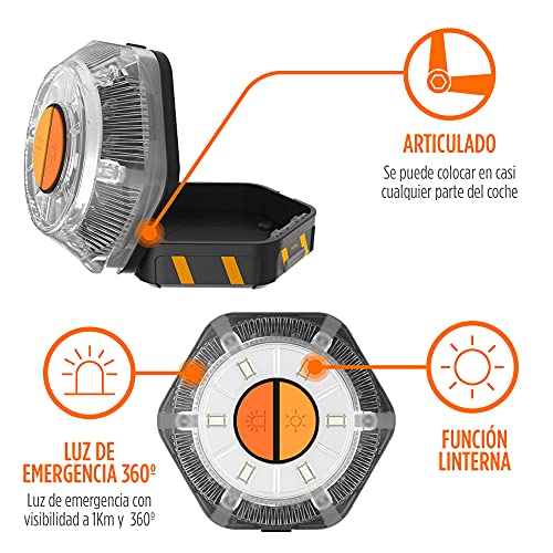 KSIX Luz de Emergencia V16 para Coche y Moto Homologada por DGT con Linterna Led. Baliza de Señalización Luminosa Autónoma en Carretera con Base Magnética y Gancho Multiusos.