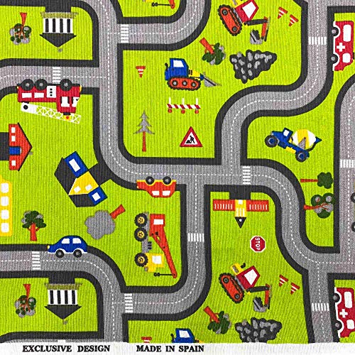 Kt KILOtela Tela de loneta Estampada - Retal de 100 cm Largo x 280 cm Ancho | Carreteras y Coches - Verde ─ 1 Metro