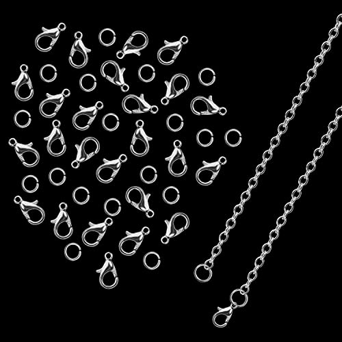 Kurtzy Cadena de Eslabones Plateada para Hacer Joyas - 10m x 1,5 mm Cadenas para Collares de Cobre, 30 Pinzas de Langosta de Aleación, 30 Anillas Abiertas de Hierro – Manualidades para Hombre y Mujer