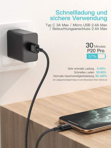 Kuulaa Cable de carga magnético 3 en 1, cable de carga rápida 3 A, trenzado con LED Light Magnetic USB cable de carga para micro USB, tipo C y iProducts (negro, 1 m)