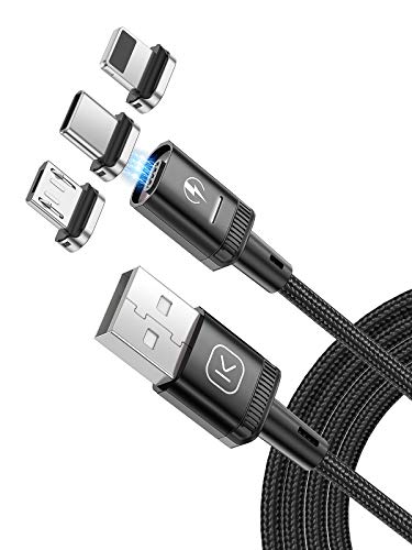 Kuulaa Cable de carga magnético 3 en 1, cable de carga rápida 3 A, trenzado con LED Light Magnetic USB cable de carga para micro USB, tipo C y iProducts (negro, 1 m)