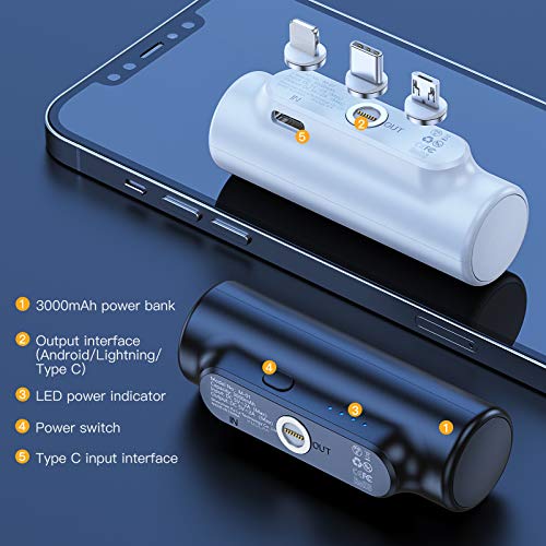 Kuulaa Portátil Batería externa 3 en 1, Power Bank ultracompacta 3000 mAh, Cargador portátil con 3 conectores compatible con iPhone 12 Pro Max, Samsung Galaxy S10, S9, S8, Huawei