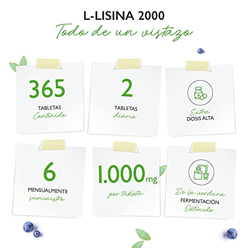 L-Lisina 2000 - 365 comprimidos - 1000 mg por UN comprimido - De fermentación vegetal - Sin aditivos no deseados - Altamente dosificado – Vegano