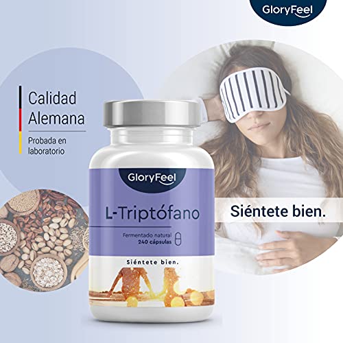 L-Triptófano 500mg - 240 Cápsulas veganas (Suministro para 8 meses) - Estrés + Insomnio - Fermentación natural - Probado en laboratorio - Triptofano sin aditivos - Alta dosis