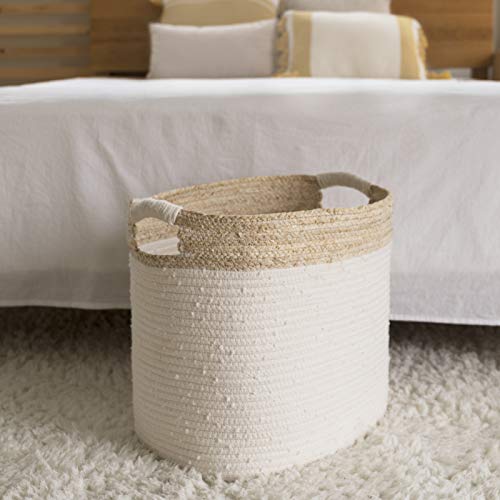 La Jolíe Muse Cesta ropa sucia de algodón, cesta almacenaje de cuerda de algodón con piel de maíz, cesta ropa sucia bebe, 35.5 x 33 x 40.5 cm, Blanco, estampado beige