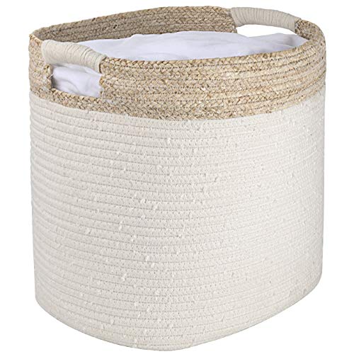 La Jolíe Muse Cesta ropa sucia de algodón, cesta almacenaje de cuerda de algodón con piel de maíz, cesta ropa sucia bebe, 35.5 x 33 x 40.5 cm, Blanco, estampado beige