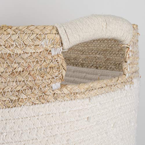 La Jolíe Muse Cesta ropa sucia de algodón, cesta almacenaje de cuerda de algodón con piel de maíz, cesta ropa sucia bebe, 35.5 x 33 x 40.5 cm, Blanco, estampado beige