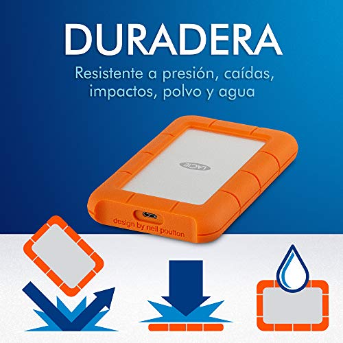 LaCie Rugged, USB-C, 1 TB, Disco duro externo, HDD portátil, USB 3.0, unidad resistente a caídas, golpes, polvo y lluvia, para Mac y PC, 2 años servicios Rescue (STFR1000800)