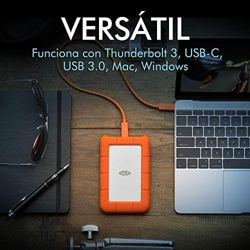 LaCie Rugged, USB-C, 1 TB, Disco duro externo, HDD portátil, USB 3.0, unidad resistente a caídas, golpes, polvo y lluvia, para Mac y PC, 2 años servicios Rescue (STFR1000800)