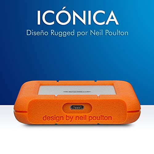 LaCie Rugged, USB-C, 1 TB, Disco duro externo, HDD portátil, USB 3.0, unidad resistente a caídas, golpes, polvo y lluvia, para Mac y PC, 2 años servicios Rescue (STFR1000800)