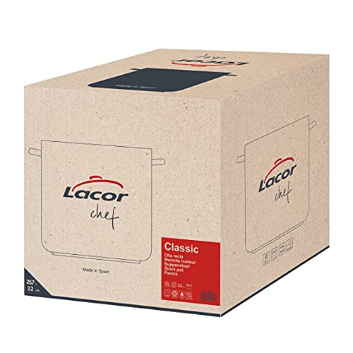 LACOR - 50132 - Olla Alta Acero Inoxidable, Incluye Tapa, Apta para todo tipo de Cocinas, Acabado Mate, Capacidad: 25.7 L, Altura: 32 cm, Diámetro: 32 cm, Plata